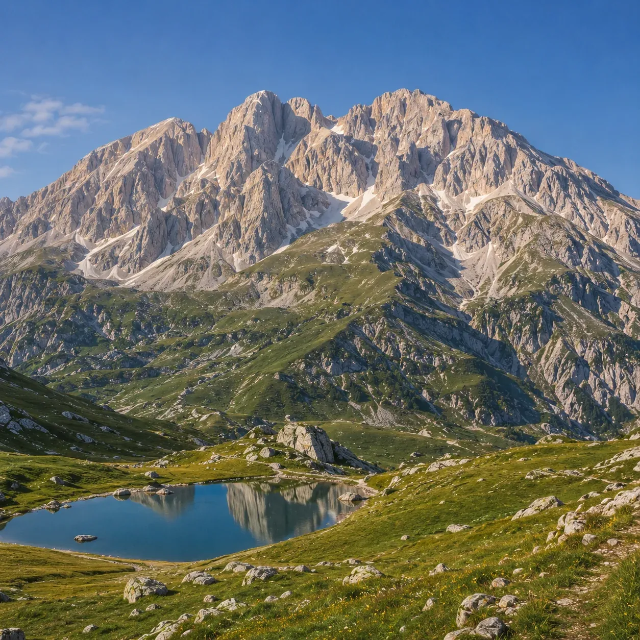 Il Corno Grande del Gran Sasso con un lago di montagna